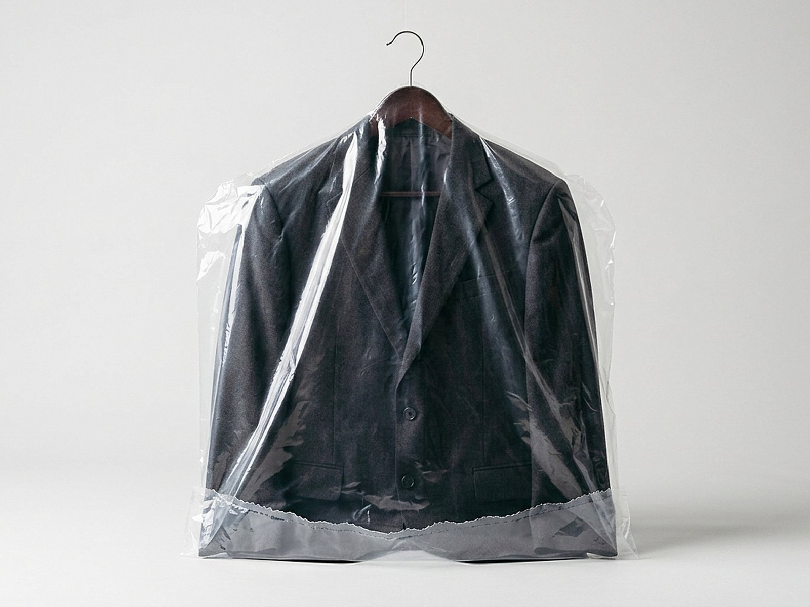Veste sur cintre protégée par une housse plastique transparente